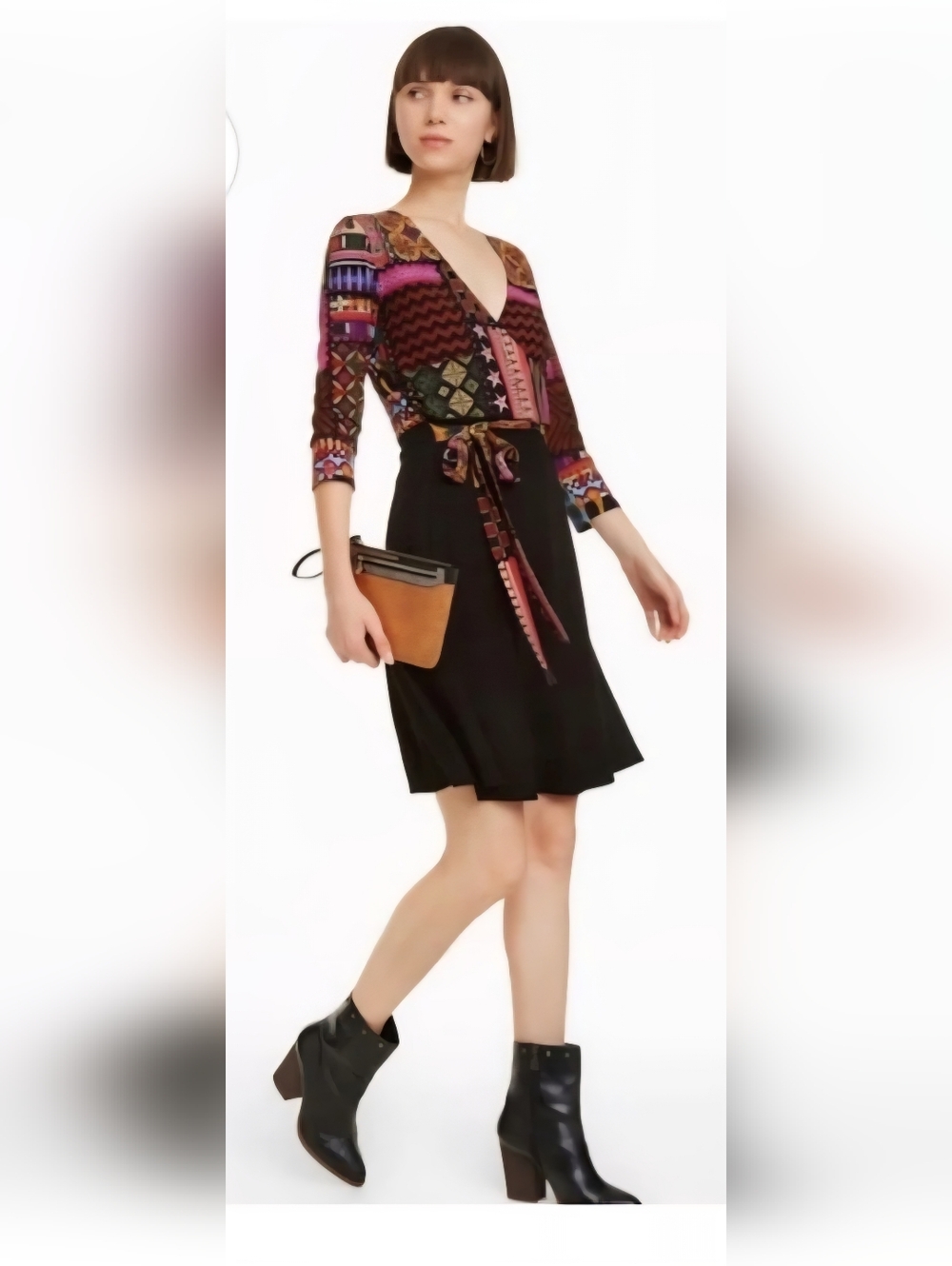 Nwt, Desigual Jill Faux Wrap Dress with Multicolor Geometric Bodice.